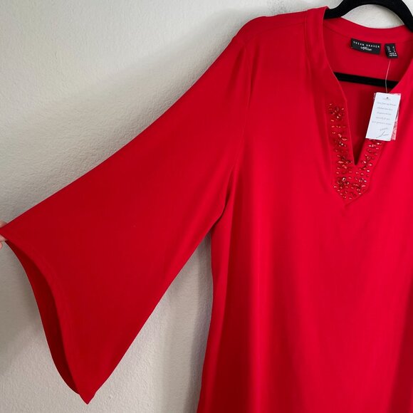 Susan Graver Artisan Womens Large Red Beaded V Neck Tunic Top Stretch Shirt - Picture 8 of 11